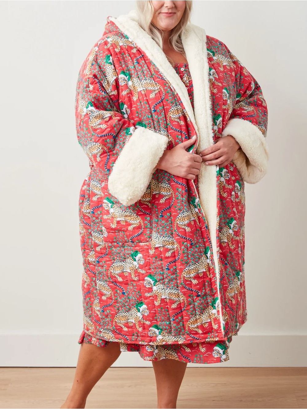 Holly Jolly Bagheera - Flannel Quilted Hooded Sherpa Robe - Ruby - 1/2X